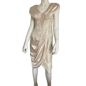 LORRIE KABALA Collectable Vintage Cream Lace Beaded Draped Victorian Dress, Sz 8